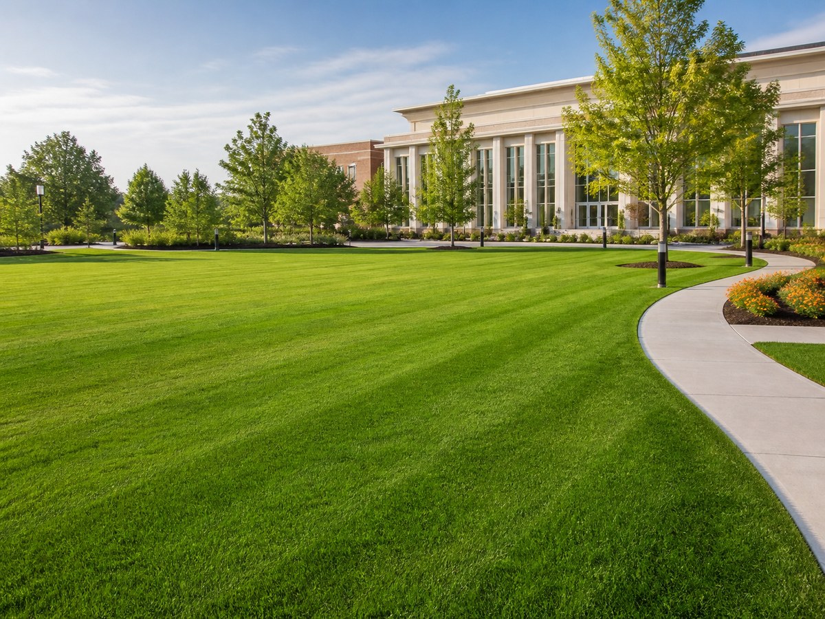 Large developed lawn and campus green area